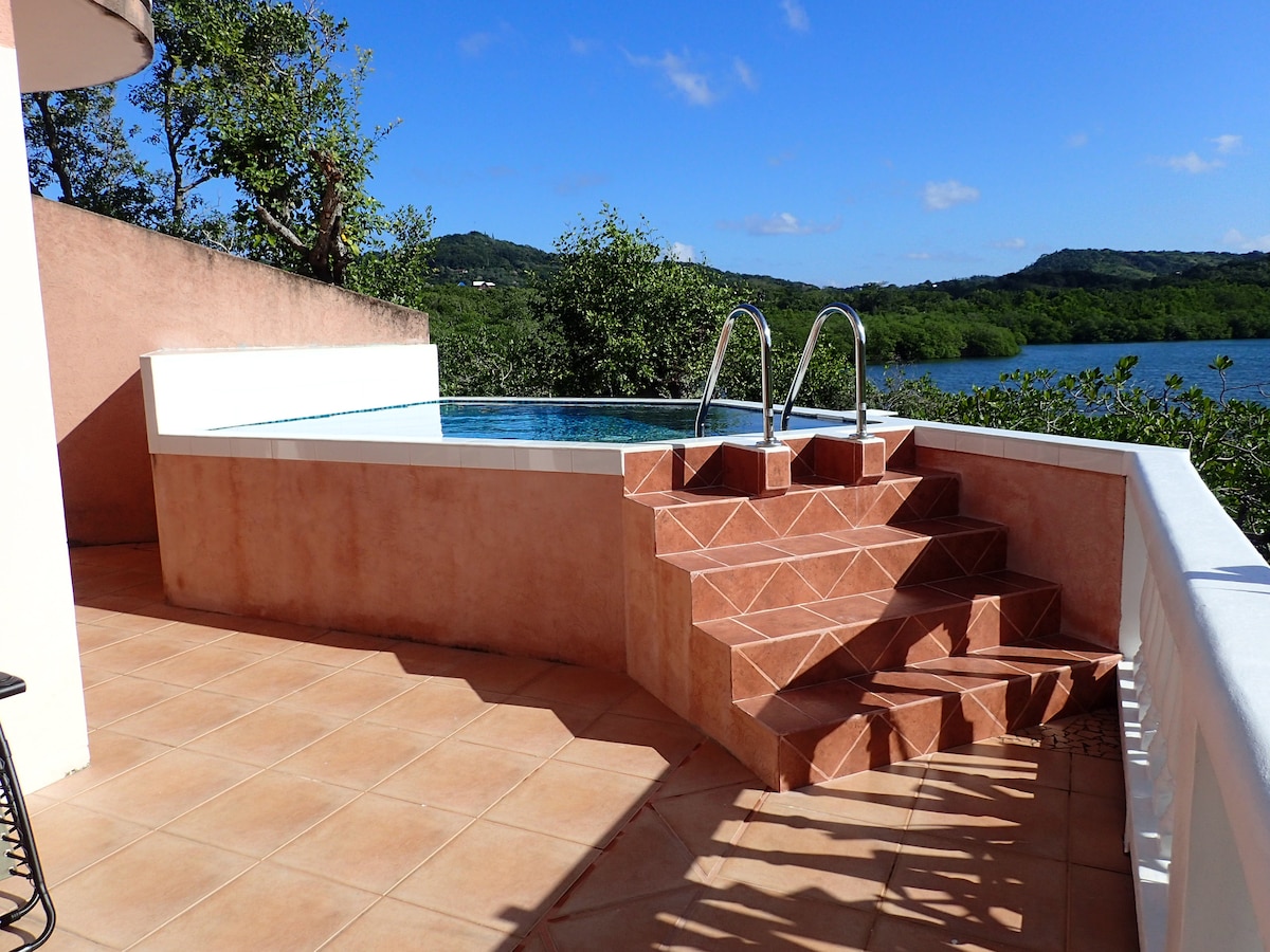 A private plunge pool is surrounded by terracotta tiles, featuring steps that lead gracefully into the water. Lush greenery can be seen in the background, with the tranquil bay beyond. Clear skies and sunlight emphasize the inviting atmosphere of the outdoor space.