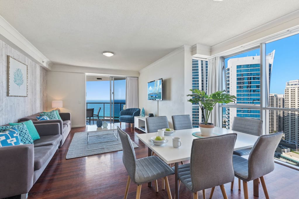 Living and dining area with ocean views