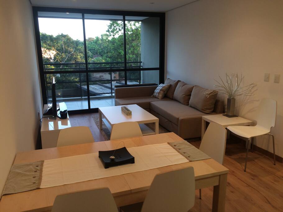 Vista al estar comedor con el sofa cama. Todo el piso de parquet