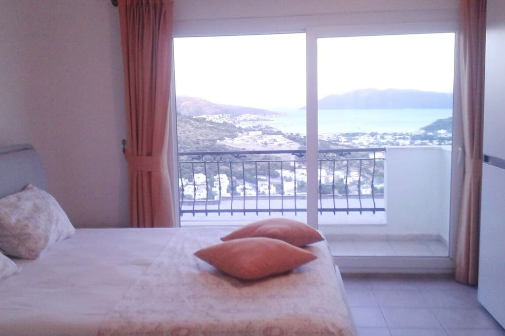 Bedroom #1 with ensuite bathroom and balcony with Bodrum's spectacular view