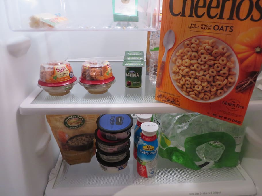 Breakfast is provided; cereal, yogurt, milk, granola, oatmeal, coffee, water and varied snacks. Please note that items may vary from time to time.