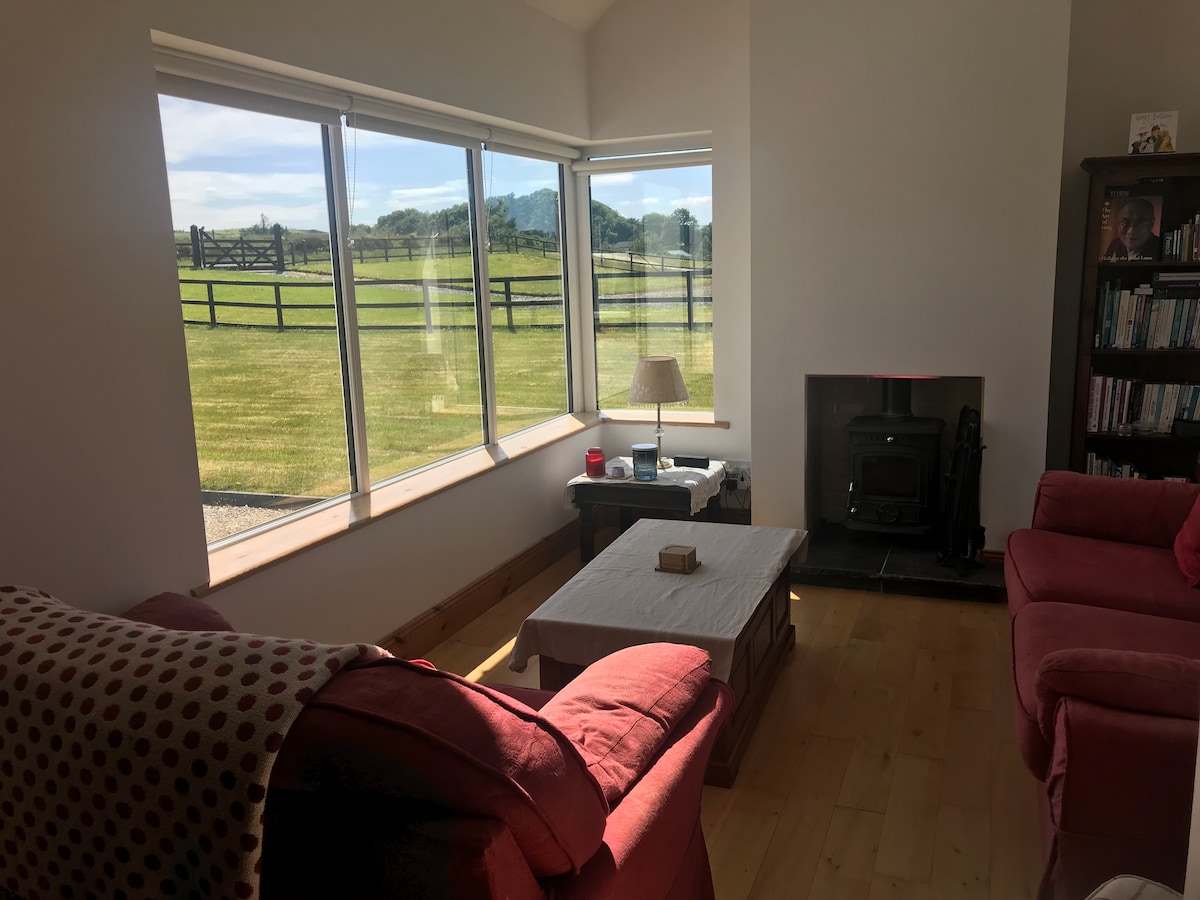 A living area is presented with a large window showcasing views of expansive green fields. A cozy sofa and armchair are arranged around a coffee table, while a small lamp rests on the table. A fireplace sits in the corner, contributing to a comfortable ambiance.