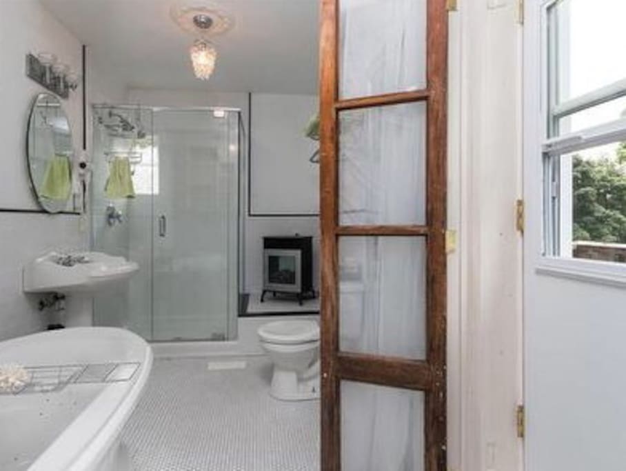 Bright bathroom with shower, soaker tub and balcony.