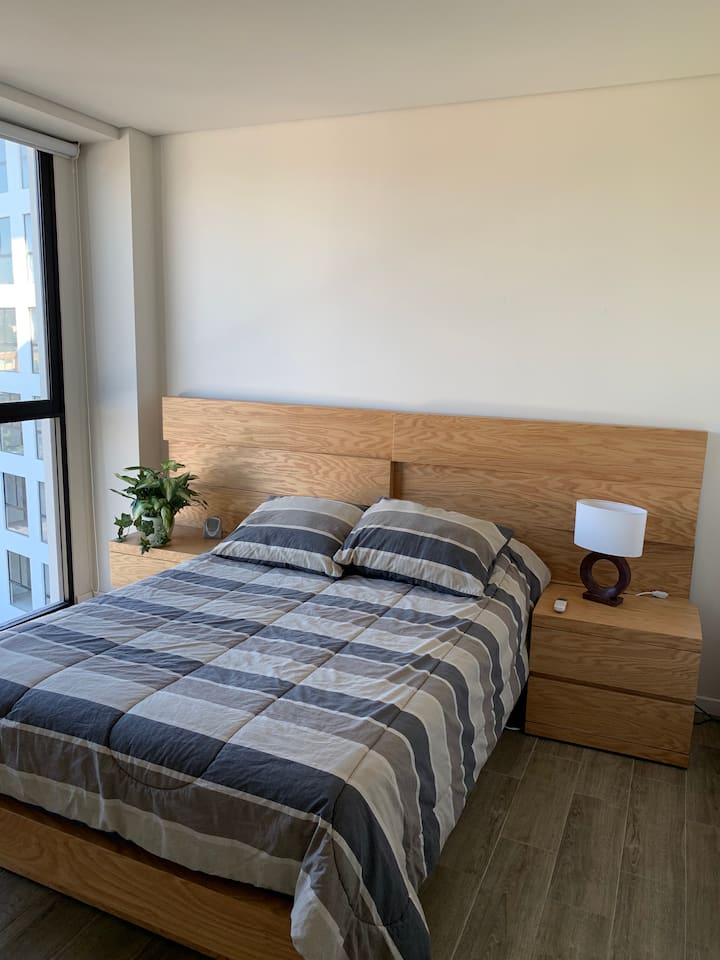 חדר שינה ראשי עם מיזוג אוויר וחדר רחצה ושירותים