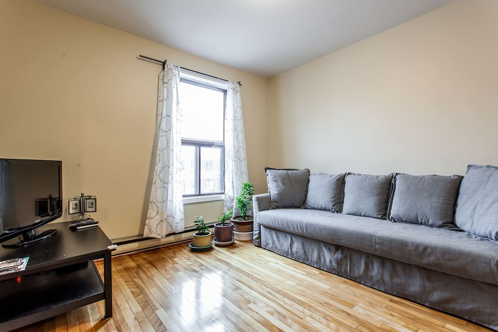 Bright living room with bell satellite TV