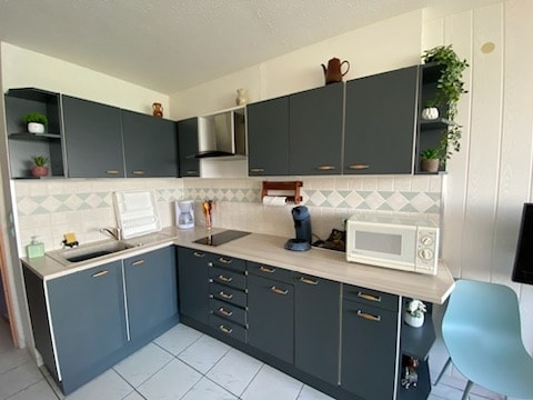 A functional kitchen is presented, featuring dark cabinetry and a light countertop. Appliances include a microwave and coffee maker. Potted plants add a touch of greenery, while a small table and chair provide a cozy breakfast nook. Light tiles create an open and airy atmosphere.