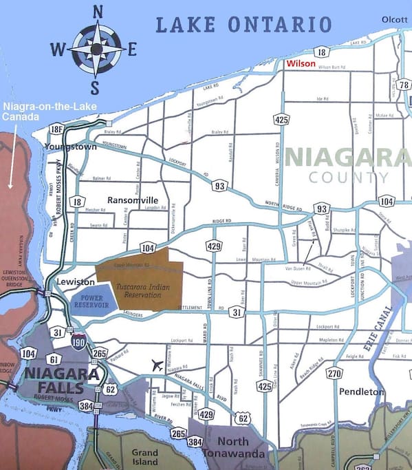 Youngstown is 20 minutes north of Niagara Falls! Easy ride (no lights or stop signs) all the way via Robert Moses Parkway.