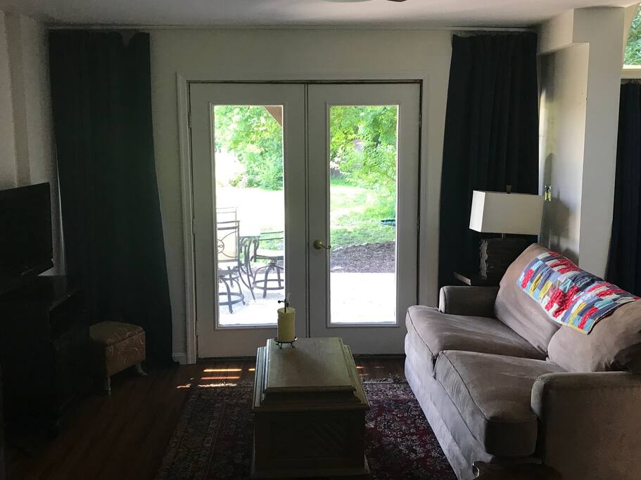 Your living room has open floor plan, pull out sofa, big screen TV and DVD player. Beautiful views of Delaware countryside from every window- and there are a lot of them