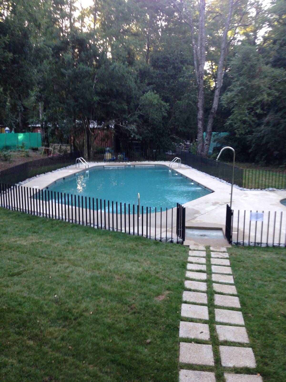 A spacious rectangular pool is surrounded by a well-maintained lawn, bordered by a black metal fence. A paved pathway leads from the grassy area to the pool's entrance, offering easy access to the inviting water amidst lush greenery.