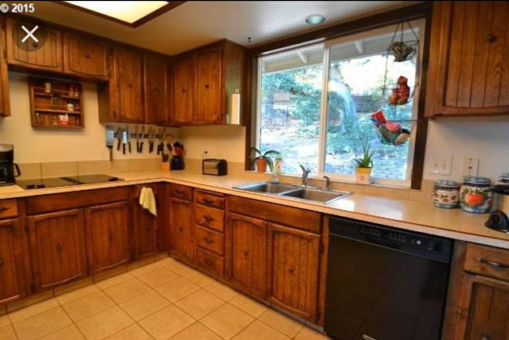 Kitchen. All the dishes, appliance, pots and pans you'd need to cook for a large group.