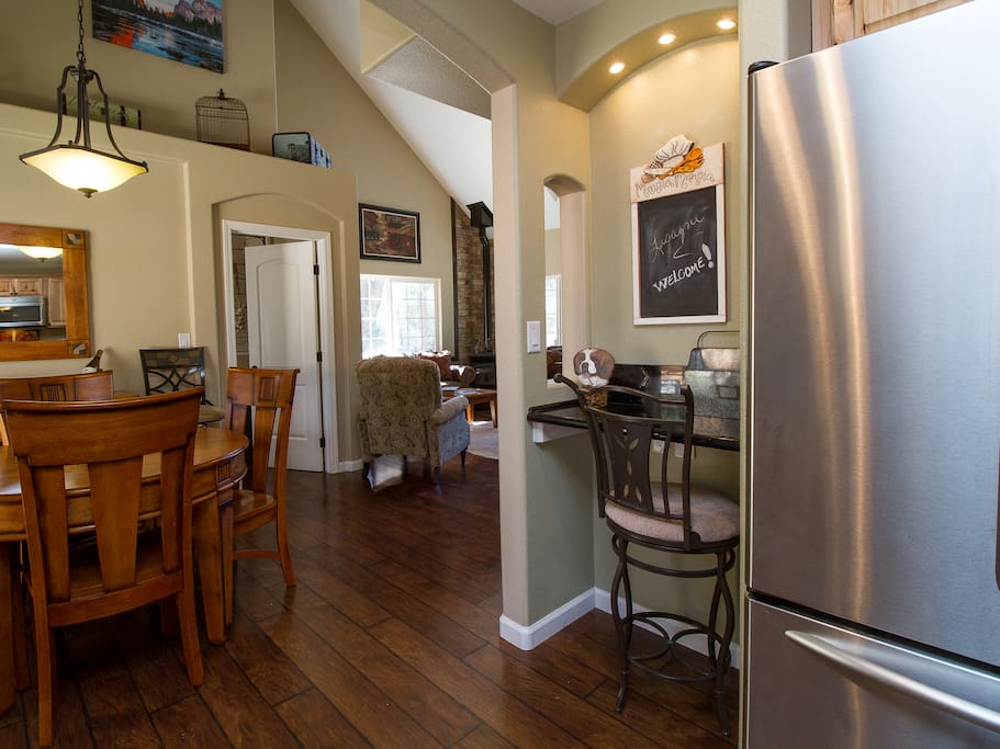From Kitchen facing indoor dining area with a nook for doing paper work