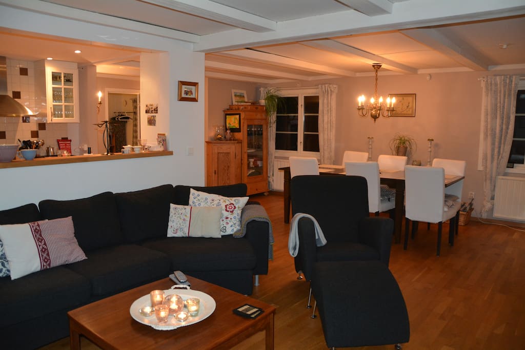 Living room, dining area, view into the kitchen.