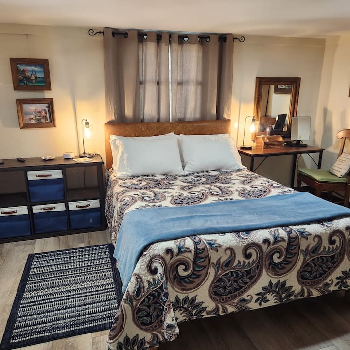Enjoy our Queen Bed by the Purple Mattress Company, Cozy Earth Bamboo Sheets and Down Comforter. We also have Down pillows and foam filled pillows for your comfort.