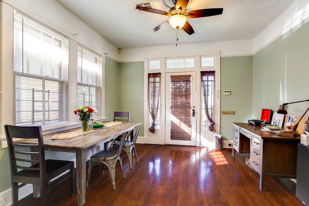 Dining room and desk or records depending on purpose of trip. The tables is on felt so a lot of groups pull out the table and add a couple of chairs.
