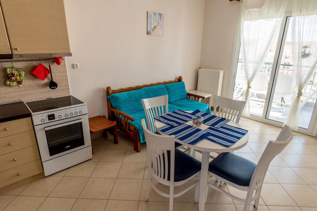 Apartment 2. floor: living room with kitchen and big terrace with BBQ!