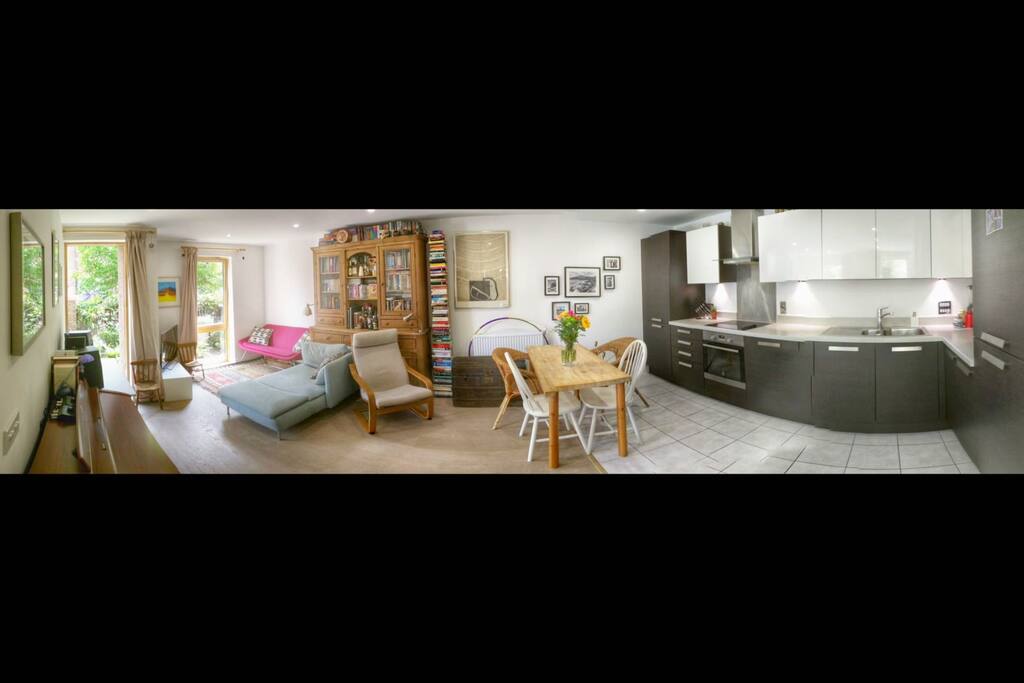 The kitchen and living room
