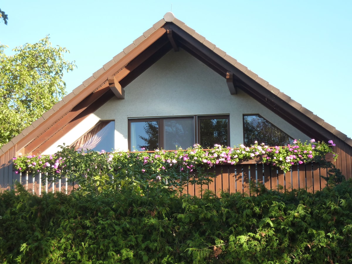 The exterior of the building features a sloped roof with wooden accents. A row of windows is framed by lush greenery, while colorful flowers decorate the balcony railing, enhancing the welcoming appearance of the home.