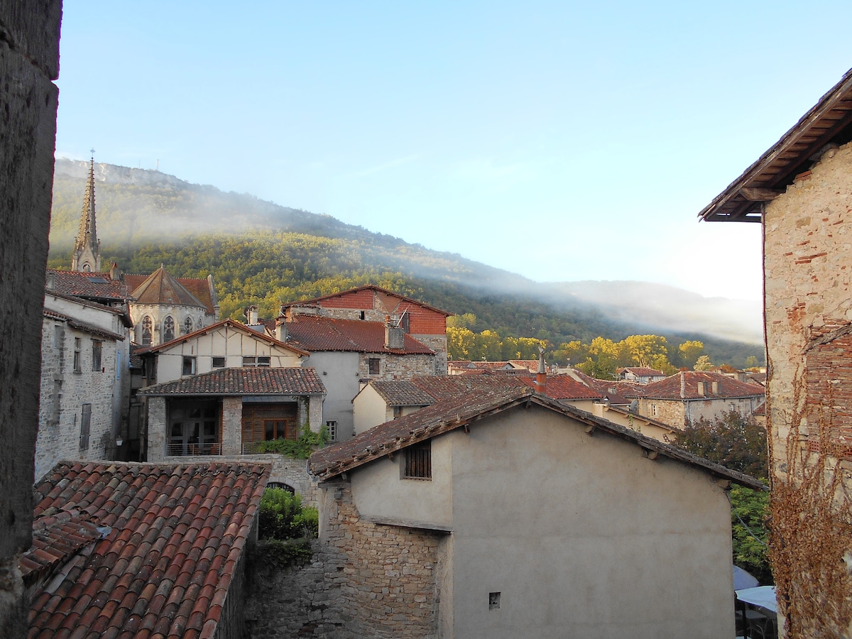 A panoramic view showcases a charming medieval town. The rooftops feature traditional terracotta tiles, while stone buildings provide a rustic ambiance. In the distance, misty mountains are visible, surrounded by greenery. The scene is complemented by a clear sky, enhancing the town's tranquil atmosphere.