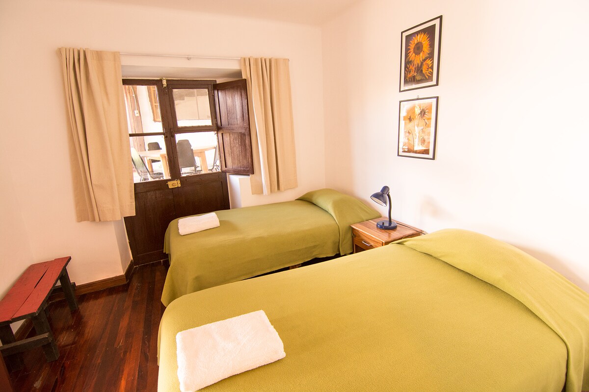 A small room features two individual green beds, equipped with white towels. A bedside table with a lamp is positioned between the beds. Natural light enters through a wooden window, flanked by light curtains, illuminating the framed artwork on the walls.