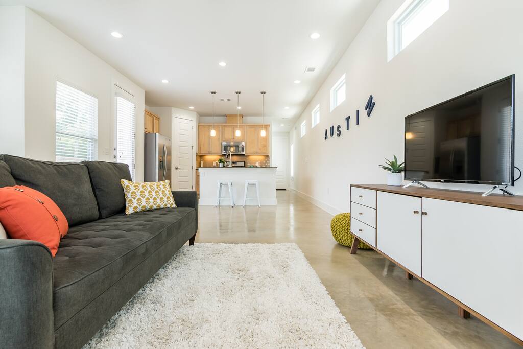 Comfy couch with modern decor.