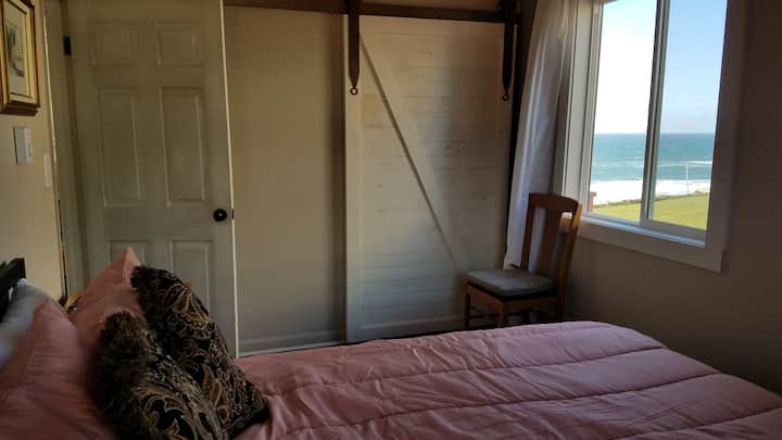 Back bedroom with one Queen bed and ocean view plus additional mini fridge with freezer.