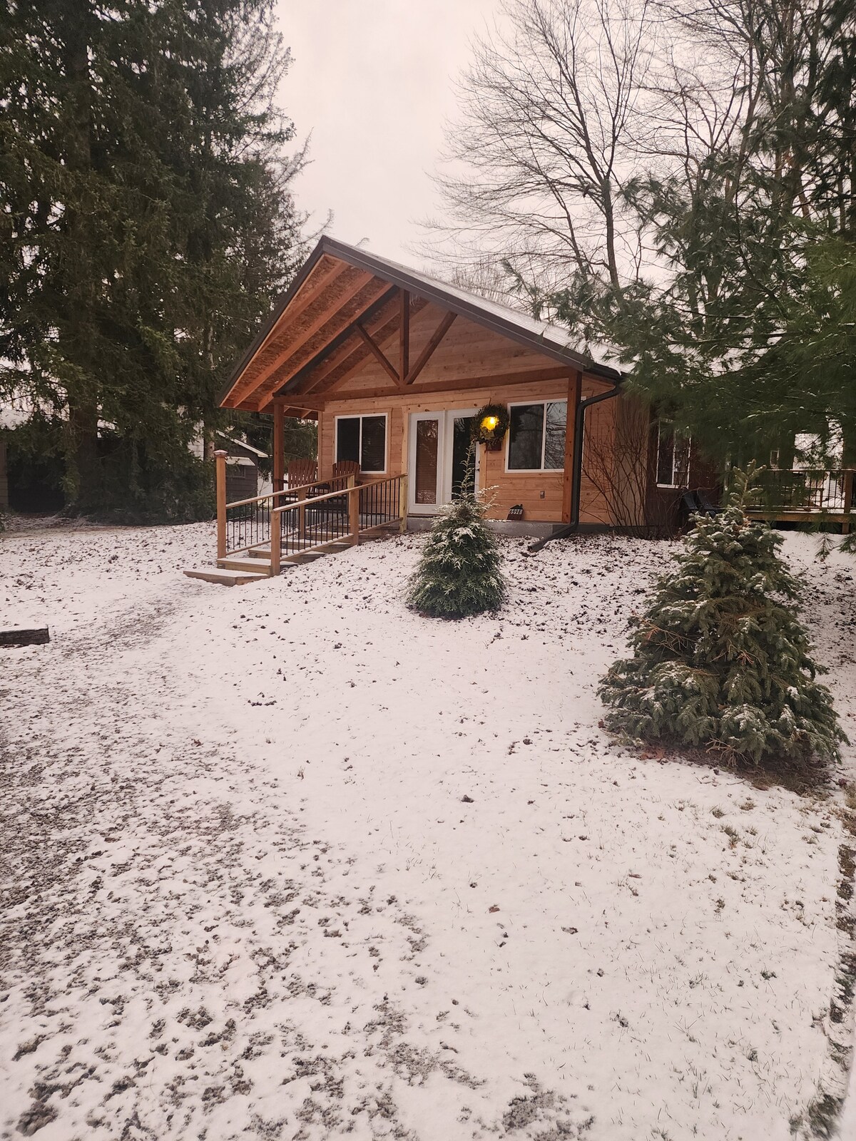 A rustic cabin is framed by snow-dusted trees, presenting a welcoming wooden entrance with a ramp. The roof features a gentle slope, and a cozy glow is observed from a nearby window, while a light dusting of snow covers the ground.