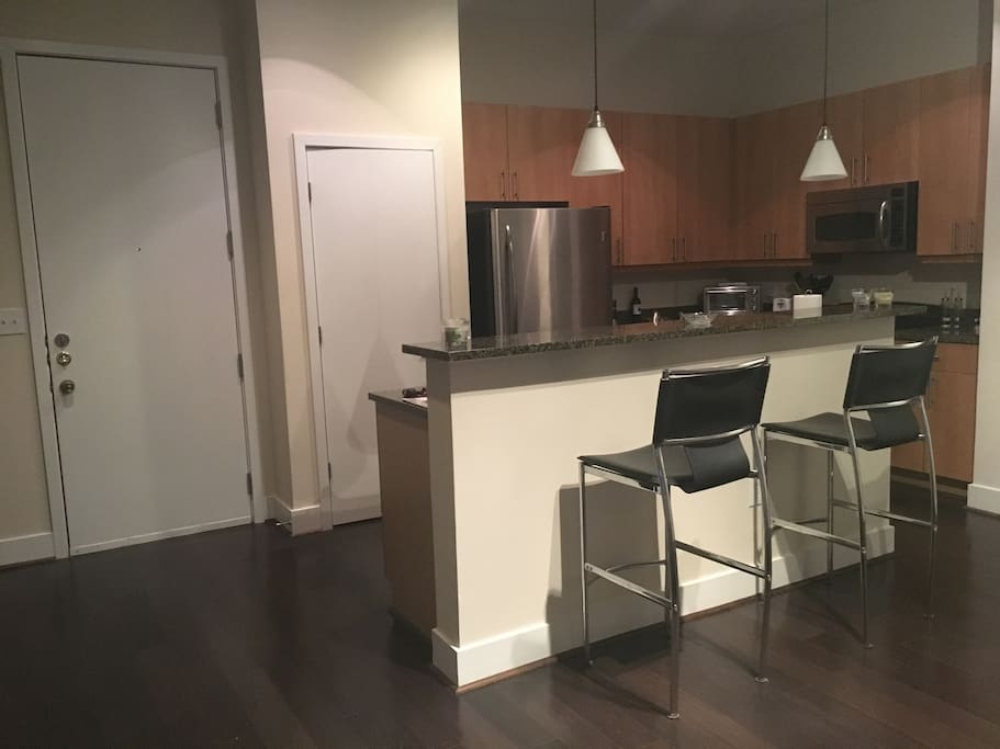 Fully-equipped kitchen with modern stainless steel appliances (toaster oven, microwave, nutri-bullet, mixologist tools, etc.)