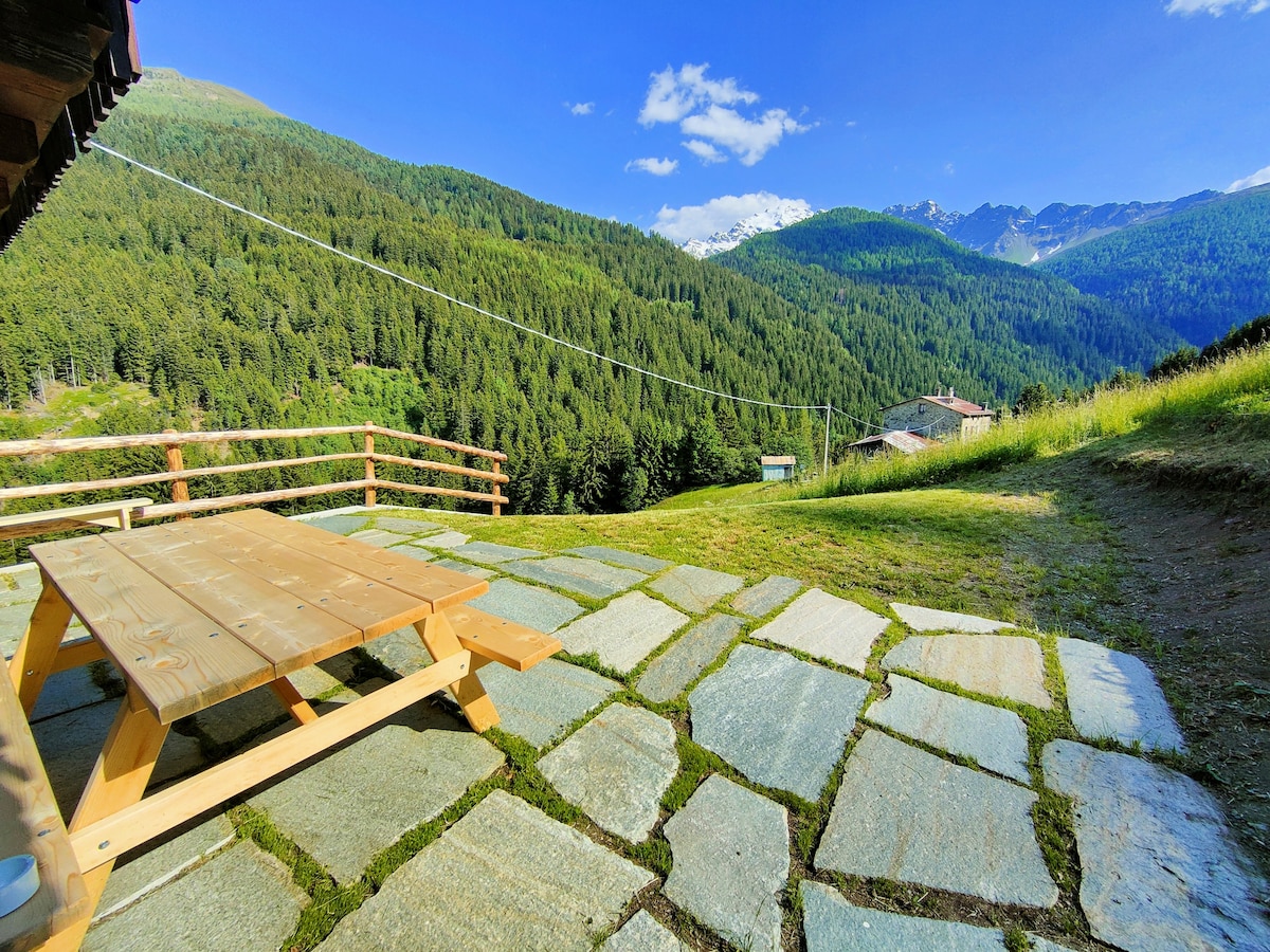 An outdoor seating area is presented with a wooden picnic table on a stone patio. Lush green hills and towering mountains create a scenic backdrop, while a clear blue sky adds to the natural setting. The space offers a serene environment, ideal for relaxation.
