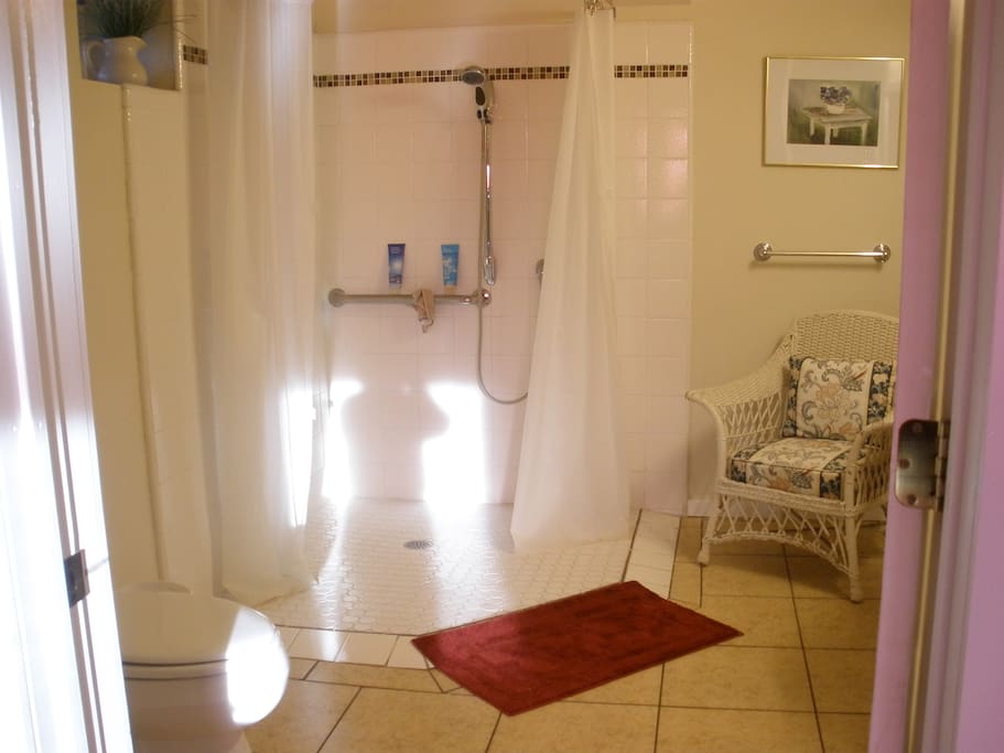 Wheelchair accessible shower. The height of the shower head is adjustable. The toilet is a high toilet.