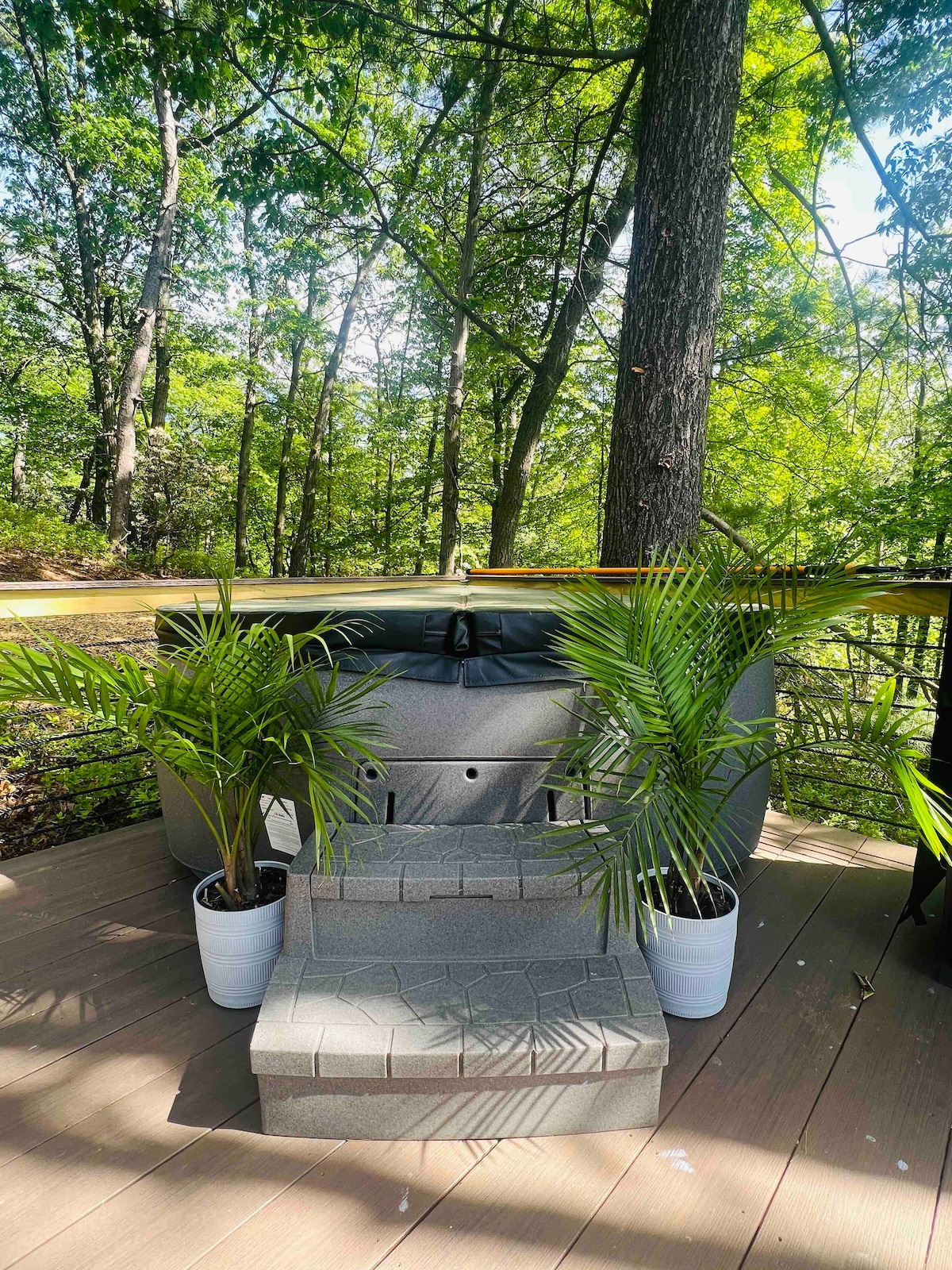 A hot tub is surrounded by a wooden deck and lush greenery. Two potted plants are positioned near the steps leading to the hot tub, which is set against a backdrop of tall trees and nature. Sunlight filters through the leaves, creating a serene setting.