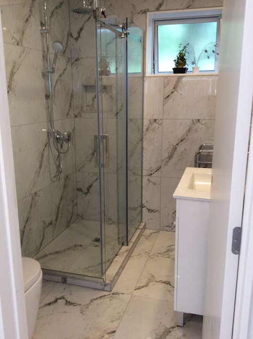 Shower, toilet and vanity at downstairs