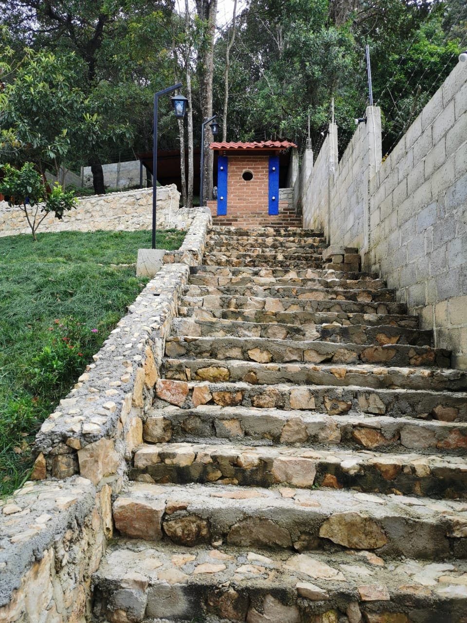 A stone staircase is visible, leading upward through a forested area. The steps are bordered by greenery and a rustic wall on one side. At the top, a small building with blue accents can be seen, nestled amidst the trees.