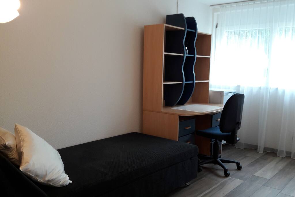 Single Bed, Desk and Refrigerator