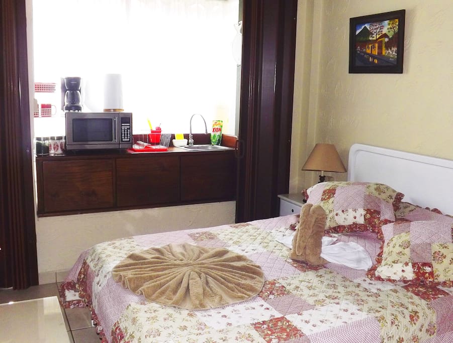 The bedroom with coffee-maker, microwave and sink.