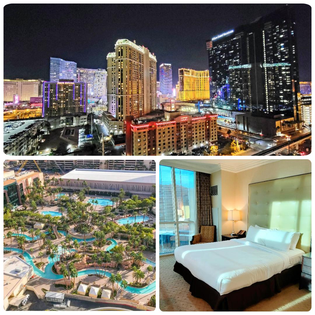 An aerial view showcases the vibrant Las Vegas Strip illuminated at night, with colorful hotel lights reflecting off nearby buildings. The lower view captures the lush pools surrounded by palm trees, while the spacious bedroom displays a comfortable bed accompanied by large windows, allowing for natural light.