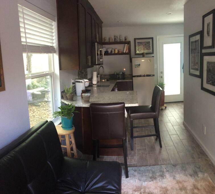 Unattached garage apartment with small kitchen, bathroom, bedroom and futon