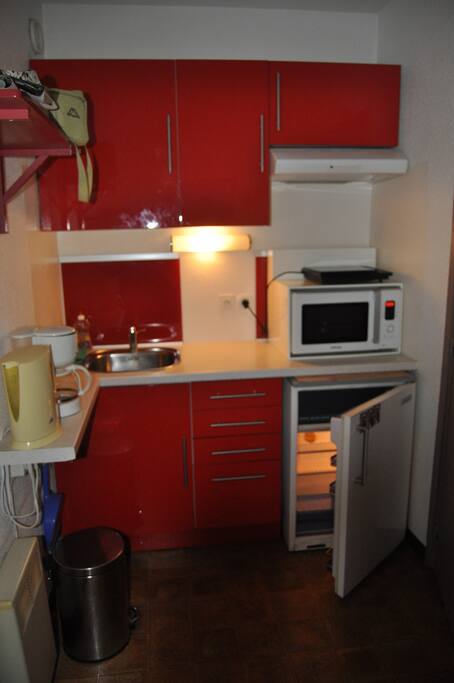 Kitchennette équipée (micro ondes, 1 plaque induction, évier, cafetière, bouilloire, frigo)