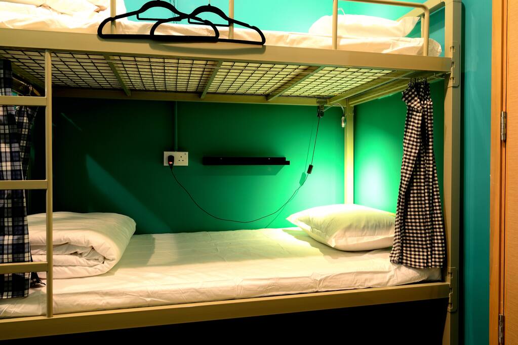 Hangers, bedside lamps & curtain for each bed