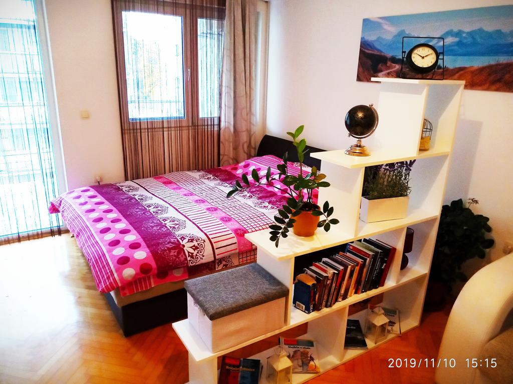 The sleeping area features a spacious bed dressed in a patterned blanket. A bookshelf filled with books and decorative items is positioned in front of the bed. Natural light streams in through two windows, framed by light curtains, enhancing the inviting space.