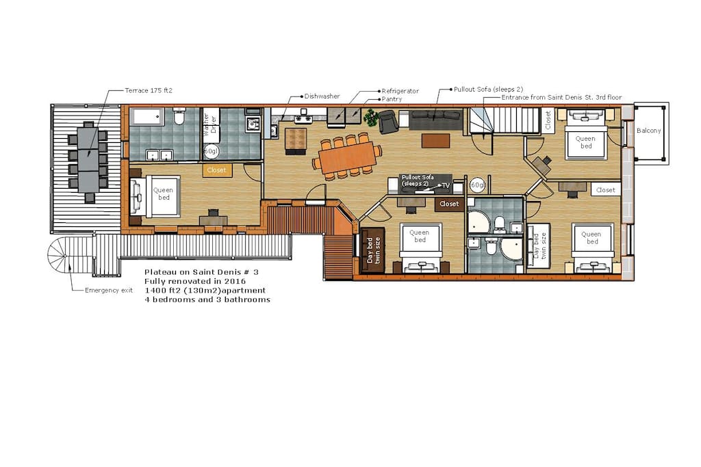 Actual plan showing furniture and proper size of beds.
