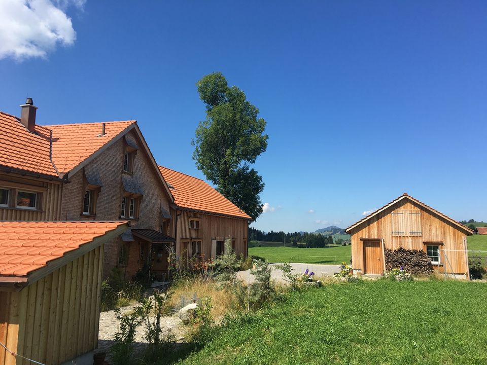 A two-story traditional farmhouse is shown with a red-tiled roof and wooden accents, set against a clear blue sky. A separate wooden shed is visible nearby, and the surrounding area features green grass and scattered trees, creating a picturesque rural ambiance.