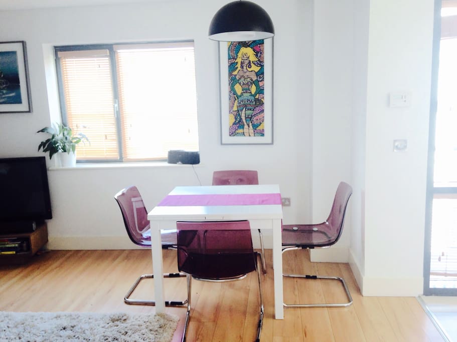 Extendable table can take up to 6 people. Additional chairs are in the storage.