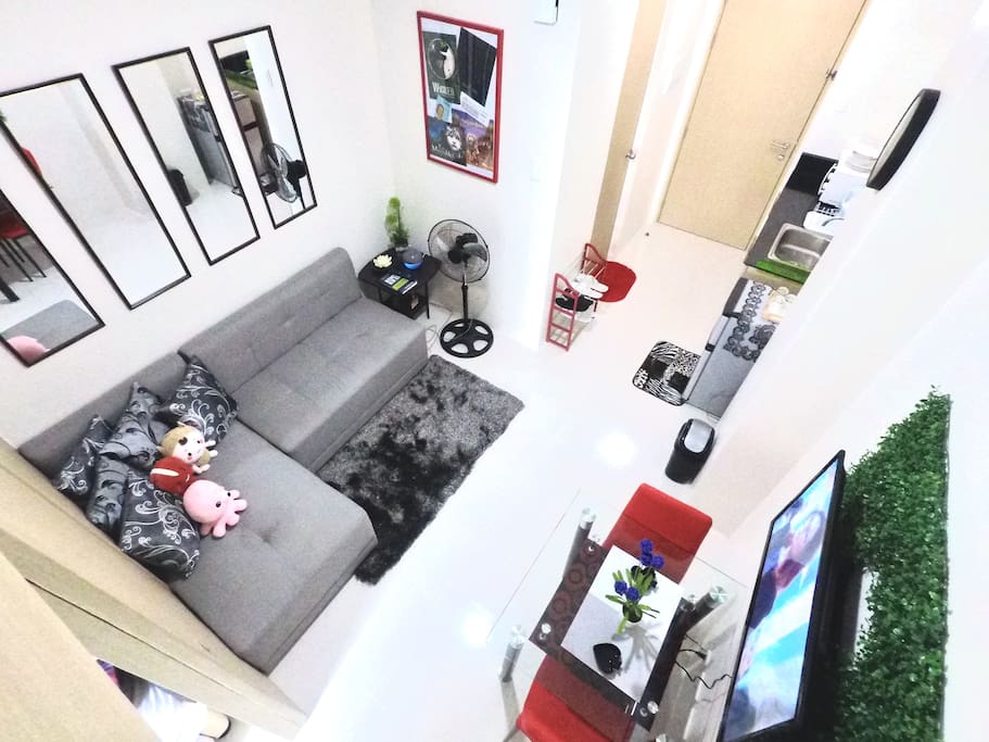 The living room and dining area