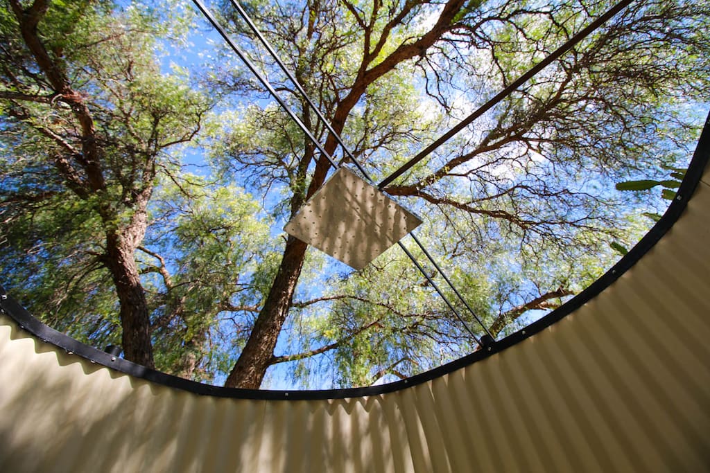 The daytime view from the shower looking up - moon and stars at night.