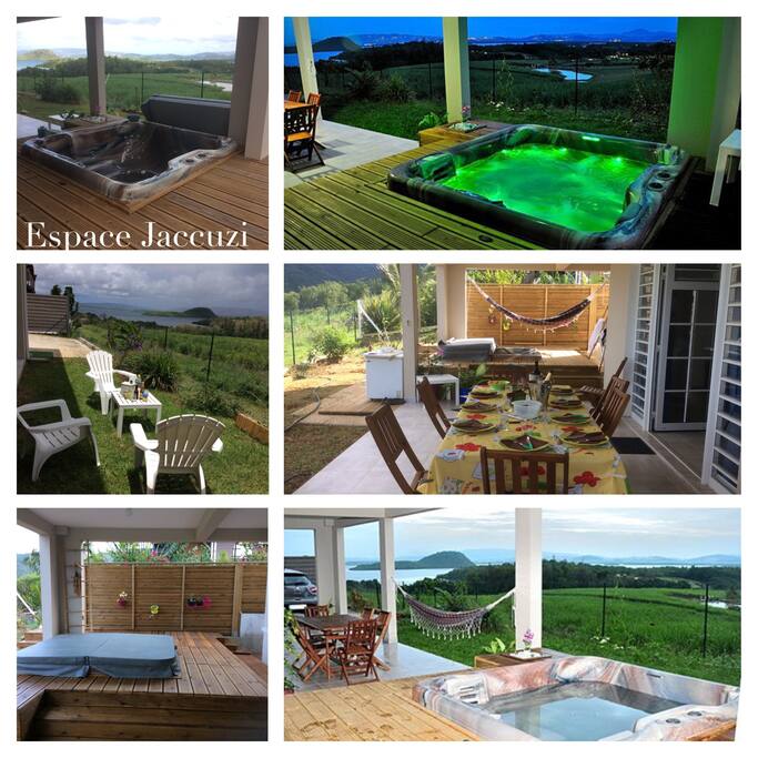 Espace Jacuzzi terrasse et jardin donnant sur la baie des Trois-ilets
