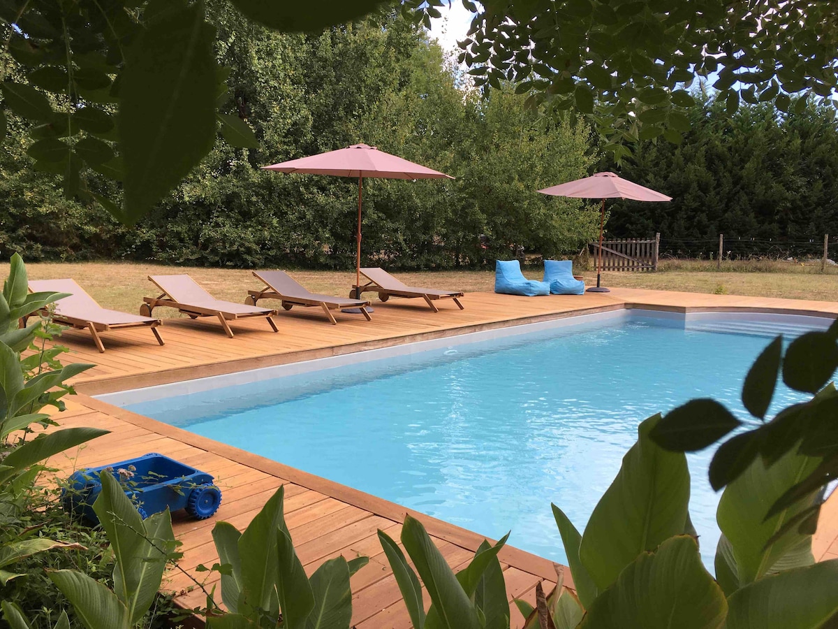 A serene outdoor pool area is surrounded by lush greenery. Wooden lounge chairs offer relaxation under pink umbrellas. The pool's clear blue water invites refreshment, while a vibrant blue play structure adds a playful touch to the space.