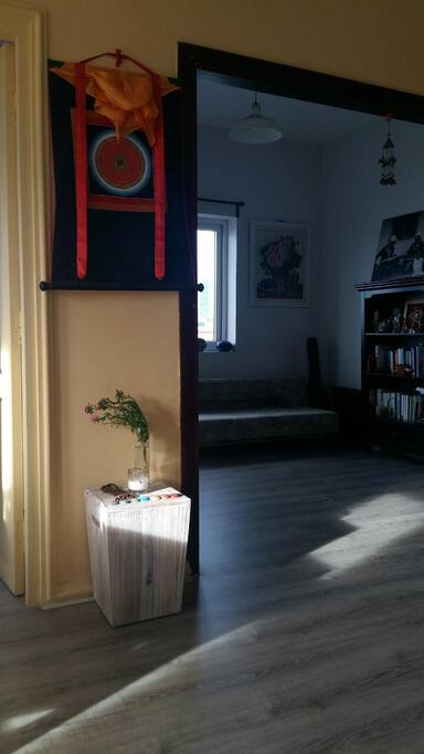 The open room with 1 sofa-bed, bookshelf, window and door to the large balcony.