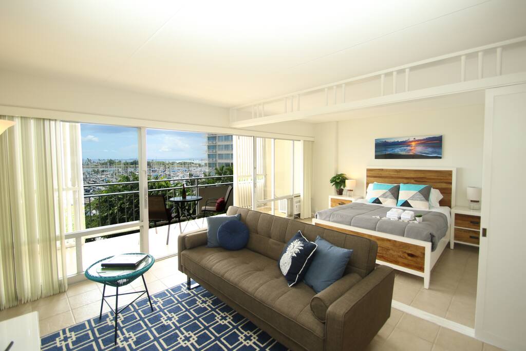 Newly Partially Renovated Clean Bright Unit with Great Ocean & Yacht Harbor View at Ilikai Apt. Bldg/Ilikai Hotel.