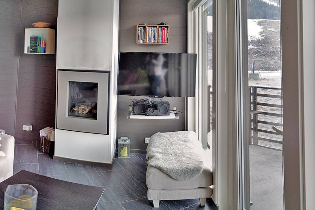 Stue med to store tosetersofaer, gasspeis, TV med kabel-tv og utgang til terrasse.