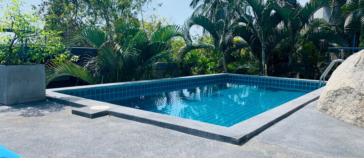 A private swimming pool is set against a backdrop of lush greenery. The clear blue water reflects the sunlight, while surrounding tropical plants create a serene atmosphere. The pool area includes a textured stone border and a gentle slope leading from the terrace.